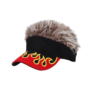Flame embroidery visor hat with fluffy grey faux hair wig on white background