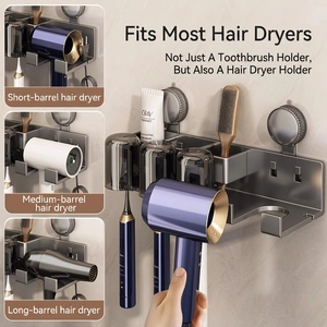 Wall-mounted suction cup toothbrush and hairdryer holder with hooks in grey metal finish