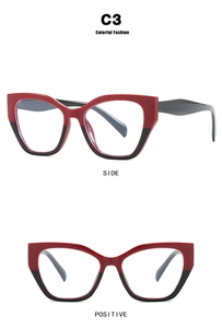 Cat eye glasses frames in red and black color block with side and front view details