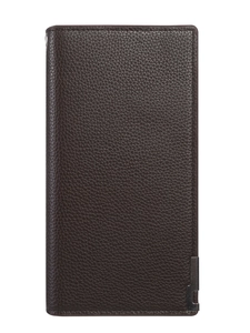 Men's long business wallet in dark brown lychee leather with silver metal trim
