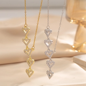 Elegant Heart Pendant Necklace Stainless Steel With Sparkling Zircon Five Hollow Hearts Dainty Clavicle Chain For Women