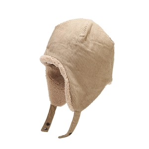 Khaki corduroy aviator hat with plush fleece lining and adjustable ear flaps