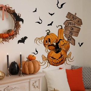 Detail of Halloween wall stickers featuring pumpkins, bats and I Put A Spell On You text