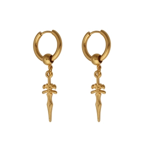 Detail view of golden stainless steel sword charm drop earrings with circular hoop base