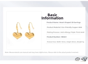 Detail view of gold heart drop earrings with dimensions 18x30mm and hypoallergenic plating
