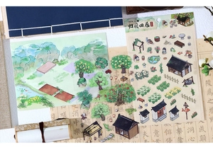 Détail des autocollants de paysage chinois avec pavillons et arbres à l'aquarelle