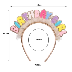Birthday Girl lace headband with colorful felt letters and gold glitter details