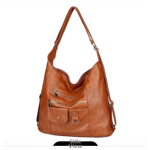 Side view of retro brown faux leather crossbody bag with multiple metal zipper pockets