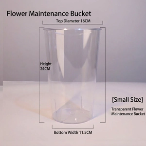 Detailed view of small transparent acrylic flower bucket with 24cm height and 16cm diameter