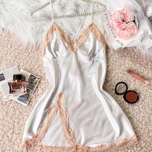 Elegant white satin sleepwear dress with delicate pink lace trim and side slit detail