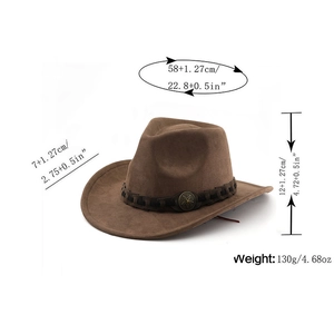 Brown faux suede fedora size guide showing brim width, hat height and circumference