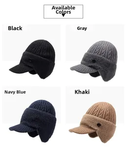 Detail view of winter knit earflap hats in black, grey, navy, and khaki with faux fur lining