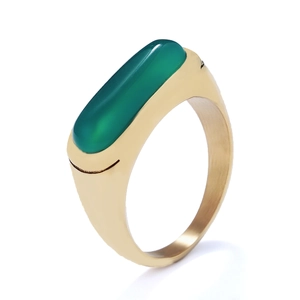 Detail view of a gold-plated men's ring featuring a polished rectangular green agate stone
