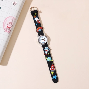 Kids watch with black silicone astronaut strap and analog display for boys and girls