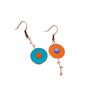 Vintage bohemian copper earrings with asymmetrical blue and orange enamel pendants