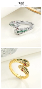Detail of snake rings in gold and silver with zircon stones and scaly texture