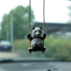 Panda on a swing car rear view mirror hanging ornament with a woven rope accessory