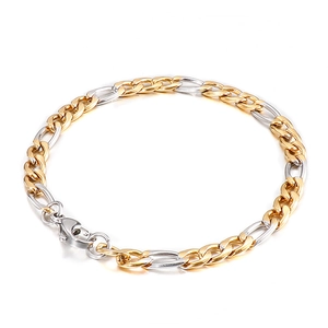 Two-tone stainless steel curb chain bracelet with gold and silver links and lobster clasp