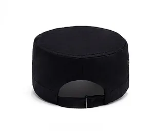 Rear view of black cotton cadet cap showing adjustable metal buckle and strap detail