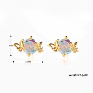 Detail of butterfly stud earrings with colorful stone, 7mm x 11mm size and 0.5g weight