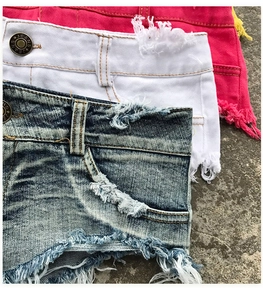 Dettaglio di pantaloncini di denim consumati con bordi sfrangiati e strappi