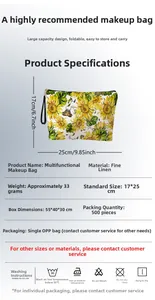 Dettaglio della borsa trucco con stampa farfalla e girasole e specifiche del tessuto lino