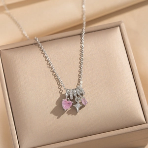 Sparkling pink heart zircon and star pendant necklace in 18k gold plated copper