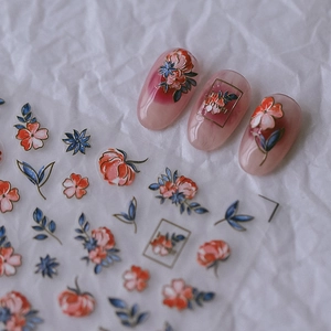 Stickers nail art 3D rétro avec pivoines rouges et bleues sur film transparent