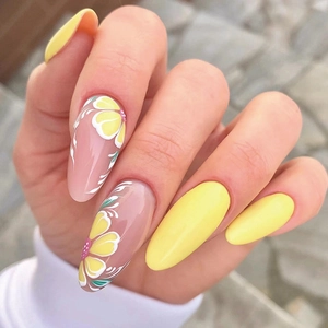 Yellow Flower Press On Nails Long Almond Shape Glossy Artificial Fake Nails For Women Manicure Decoration Elegant Style