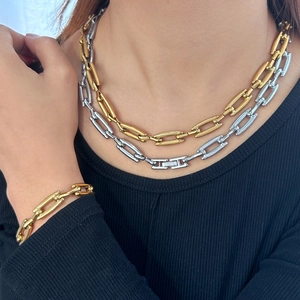 Schickes Edelstahl-Gliederketten-Set mit Halskette und Armband in Gold und Silber
