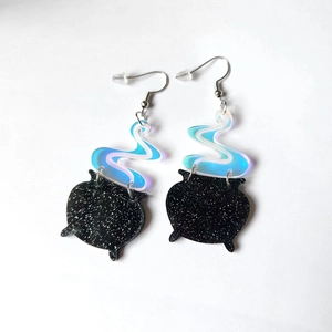 Halloween black glitter acrylic witch cauldron earrings with iridescent swirl smoke design