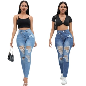 Jeans Skinny Strappati A Vita Alta Da Donna Pantaloni Denim Cotone Rayon Bottone Incrociato Asimmetrico Orlo A Vivo Moda