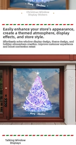 Detail view of purple glowing Christmas tree window sticker with Merry Christmas text