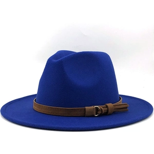 Königsblauer Wollfilzhut für Damen und Herren mit vintage braunem Lederband Detail