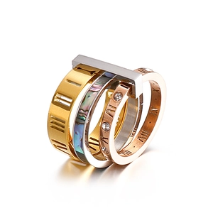Three-in-one titanium steel ring set with shell inlay and Roman numerals engraving