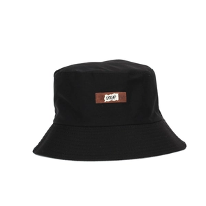 Women's black cotton bucket hat with leather patch design for sun protection