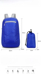 Blue water-repellent outdoor backpack showing expanded 28x44x19cm and compact folded size