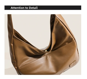 Detail of caramel leather hobo bag showing natural texture and secure metal snap closure