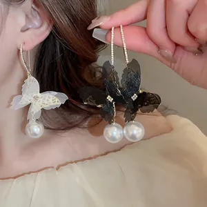 Elegant mesh butterfly pearl drop earrings with rhinestones in black and white styles