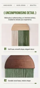 Dettaglio macro della decorazione murale boho con legno semicircolare e nappe bicolori
