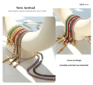 Detail of colorful rectangular zircon tennis bracelets and necklaces in gold plating