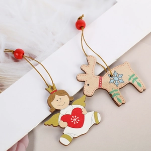 Handcrafted wooden Christmas ornaments featuring angel and reindeer figures with red beads