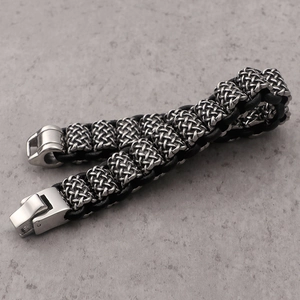 Men's braided black leather bracelet with silver stainless steel magnetic clasp