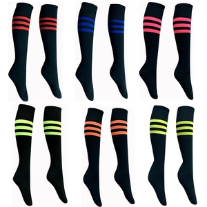 Detailed view of six pairs of black soccer socks featuring multi-colored athletic stripes