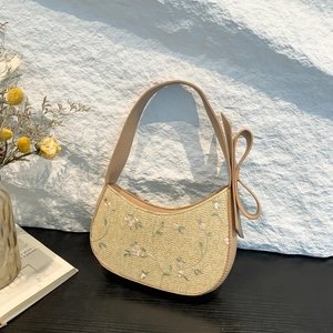 Women Straw Woven Underarm Bag Floral Embroidery Bow Decor PU Leather Half Moon Shoulder Bag Korean Vintage Style