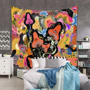Vibrant psychedelic mushroom tapestry with colorful floral patterns on a bedroom wall