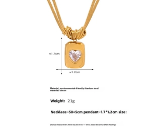 Detail of double-layer snake chain with square heart zircon pendant in titanium steel