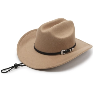 Detail of khaki cowboy hat with black leather band, silver buckle and chin strap