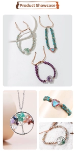 Detail showing handmade tree of life charm and natural stone beaded jewelry set