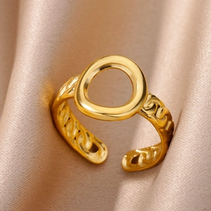Macro shot of 18k gold plated stainless steel ring with hollow geometric patterns